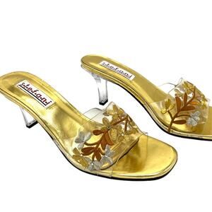 VTG STEFANI Embroidered Metallic Glass Slipper Slide Sandal Heels  Y2K  SZ 9.5